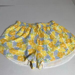 Sabo Shorts  Women Yellow Blue Floral Linen Blend Drawstring Summer 2.5” Inseam